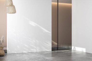 Minimalist boş oda, bej ve beyaz arka planlar, beton zemin, güneş ışığı, rahat ev, kapalı yer bitkisi. Ofis ve oturma odaları için alanı kopyalayın. 33d oluşturma ile alay et