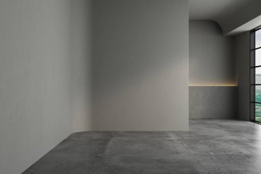 3D çizim, 3D çizim - Gri renkli arka plan duvarlı boş oda, beton zemin. İç odalar, ofisler, mobilya şablonu için uygun. Model.