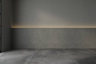 3D çizim, 3D çizim - Gri renkli arka plan duvarlı boş oda, beton zemin. İç odalar, ofisler, mobilya şablonu için uygun. Model.