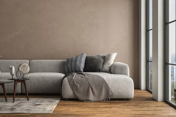 Desain Interior Ruang Tamu Nyaman Dengan Sofa Bergaya Meja Kopi — Stok Foto