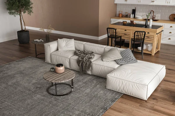 Modern Yaşam, yemek odası ve mutfak panoramik manzaralı 3D döşemeli. Odanın ahşap zeminleri, beyaz mobilyalar, bej ve beyaz duvarlar ile dekore edilmiş. Ağaca ve manzara manzarasına bakıyor..