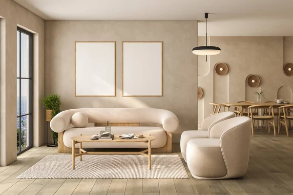 Beige living room interior with sofa and armchairs, coffee table with books and decoration, carpet on hardwood floor, dining table with chairs, mock up posters. Mockup copy space wall, 3D rendering