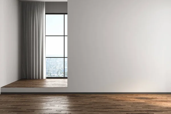 Penceresi ve parke zemini olan boş bir oda. 3d illüstrasyon 