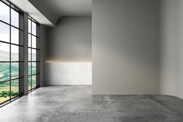 Beton duvar ve boş pencere ile iç tasarım, 3 boyutlu illüstrasyon 