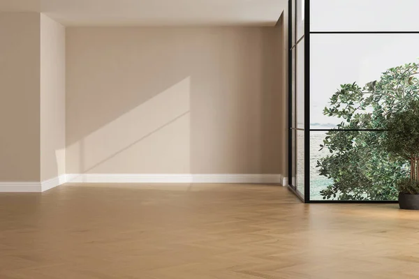 Gerçekçi 3 boyutlu oda, güzel güneş ışığı ve bej boş duvarda pencere çerçevesi gölgesi, boş bir odada beyaz etek panosu. Yeni ahşap parke döşeme. Arka plan, iç mekan. Ön görünüm.