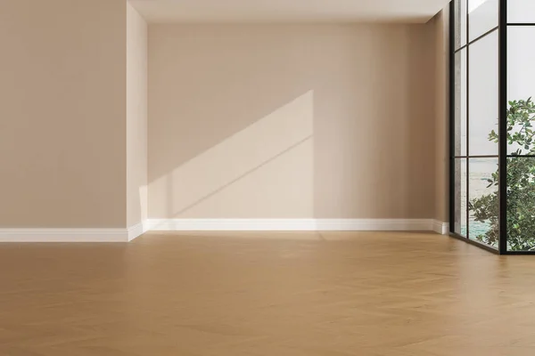Gerçekçi 3 boyutlu oda, güzel güneş ışığı ve bej boş duvarda pencere çerçevesi gölgesi, boş bir odada beyaz etek panosu. Yeni ahşap parke döşeme. Arka plan, iç mekan. Ön görünüm.