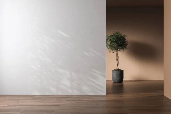 Çağdaş, bej ve beyaz duvarlı boş bir oda. 3D render The Rooms 'un parke zemini var. Model.
