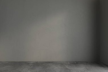 3D çizim, 3D çizim - Gri renkli arka plan duvarlı boş oda, beton zemin. İç odalar, ofisler, mobilya şablonu için uygun. Model.