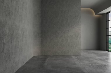 3D çizim, 3D çizim - Gri renkli arka plan duvarlı boş oda, beton zemin. İç odalar, ofisler, mobilya şablonu için uygun. Model.