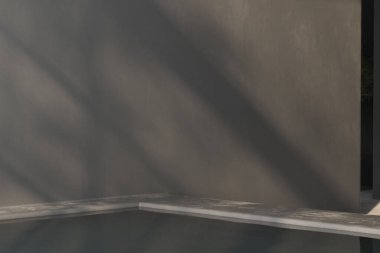 Duvardaki camdan gölgeler, havuz, beton grisi, maket. 3d oluşturma