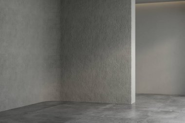 3D çizim, 3D çizim - Gri renkli arka plan duvarlı boş oda, beton zemin. İç odalar, ofisler, mobilya şablonu için uygun. Model.