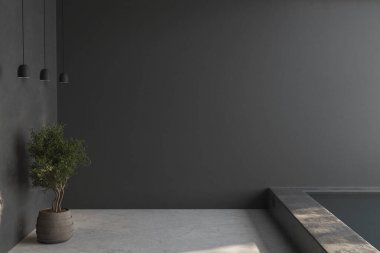 Siyah duvarları olan boş bir oda, beyaz beton zemin ve pencere, havuz, basit minimalist iç mimari arka plan fotokopi alanı, 3D resim
