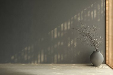 Modern, parlak, minimalist, karanlık, boş duvarlar oturma odasında, kuru bitkiler vazolarda. 3d canlandırma çizimi maketi.