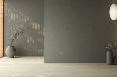 Modern, parlak, minimalist, karanlık, boş duvarlar oturma odasında, kuru bitkiler vazolarda. 3d canlandırma çizimi maketi.