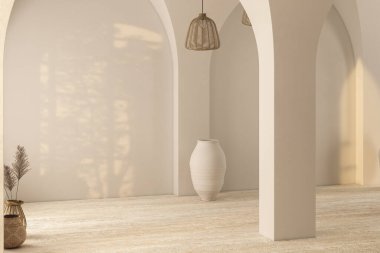 Modern parlak minimalist iç duvar oturma odasında, kemerler, vazolarda kuru bitkiler. 3d canlandırma çizimi maketi.