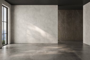 Dairenin modern iç tasarımı, beton döşemesi, penceresi ve çeşitli mobilyalar ve ev dekorları için uygun panorama. 3d oluşturma