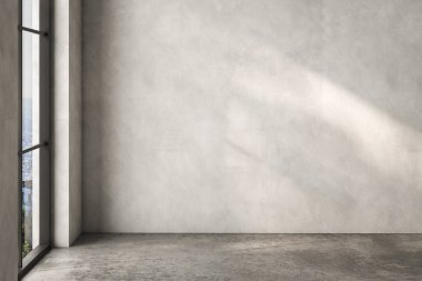 Dairenin modern iç tasarımı, beton döşemesi, penceresi ve çeşitli mobilyalar ve ev dekorları için uygun panorama. 3d oluşturma