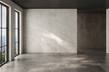 Dairenin modern iç tasarımı, beton döşemesi, penceresi ve çeşitli mobilyalar ve ev dekorları için uygun panorama. 3d oluşturma