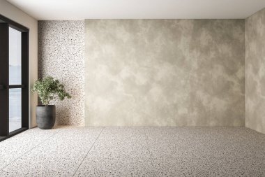 Beton ve terrazzo duvarları, terrazzo döşemeleri, geniş bir penceresi ve davetkar bir oturma alanı olan geniş ve havadar bir iç mekan. Ev dekorasyonu için mükemmel. 3d oluşturma