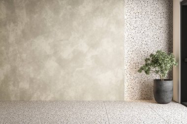 Beton ve terrazzo duvarları, terrazzo döşemeleri, geniş bir penceresi ve davetkar bir oturma alanı olan geniş ve havadar bir iç mekan. Ev dekorasyonu için mükemmel. 3d oluşturma