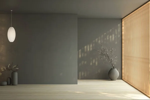 Modern, parlak, minimalist, karanlık, boş duvarlar oturma odasında, kuru bitkiler vazolarda. 3d canlandırma çizimi maketi.