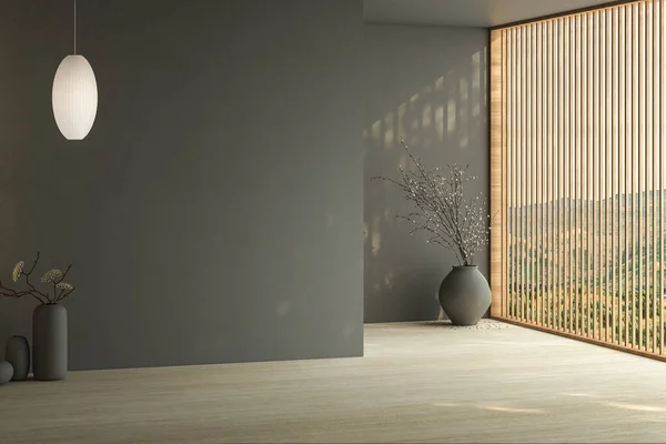 Modern, parlak, minimalist, karanlık, boş duvarlar oturma odasında, kuru bitkiler vazolarda. 3d canlandırma çizimi maketi.