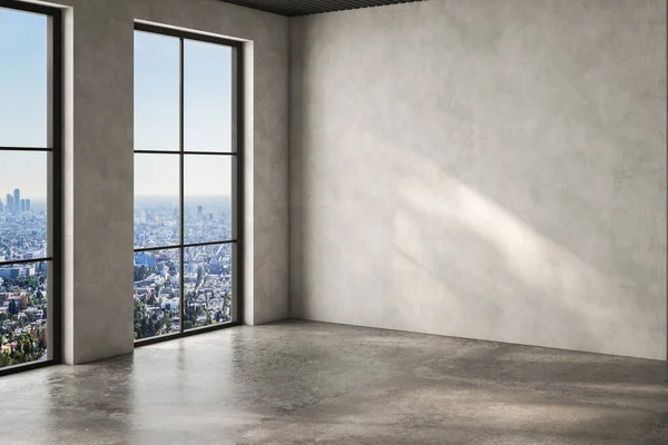 Dairenin modern iç tasarımı, beton döşemesi, penceresi ve çeşitli mobilyalar ve ev dekorları için uygun panorama. 3d oluşturma