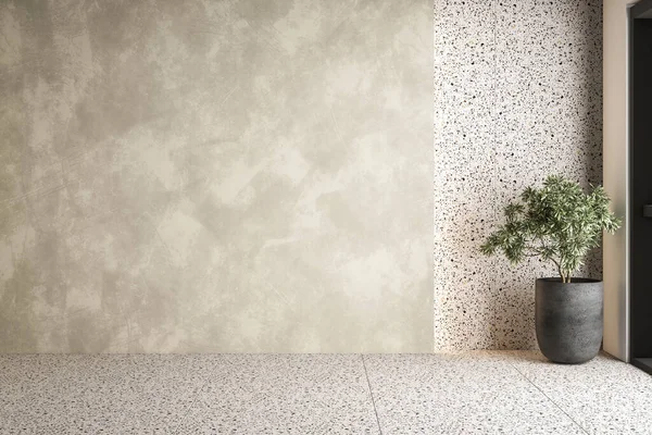 Beton ve terrazzo duvarları, terrazzo döşemeleri, geniş bir penceresi ve davetkar bir oturma alanı olan geniş ve havadar bir iç mekan. Ev dekorasyonu için mükemmel. 3d oluşturma