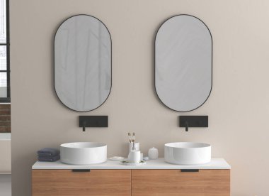 Modern banyo lavabosu ve aynası iki aynalı, üç boyutlu. 