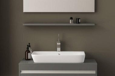 Lavabo ve aynalarla dolu beyaz banyo. Model yap. 3d oluşturma 