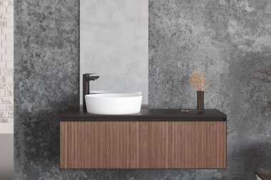 Beyaz ahşap döşemeli ve ahşap lavabolu modern banyo. 3d oluşturma 