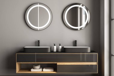 Lavabosu ve aynası olan minimalist banyo, 3 boyutlu. 