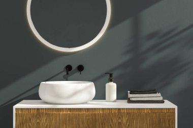 Tahta çerçeveli ve yuvarlak aynalı minimalist iç mimari, 3D görüntüleme, taklit et. 