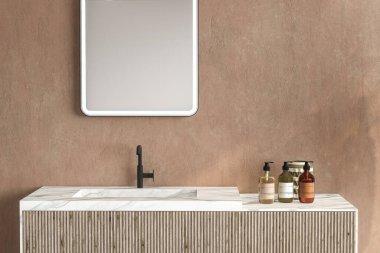Beyaz duvarları, lavabosu, duşu ve gri arka planı olan ahşap zemini olan modern banyonun içi. 3d oluşturma 