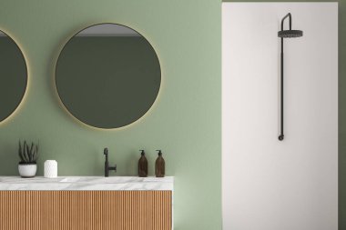 Banyo içi aynalı ve duş duvarlı, 3 boyutlu. 