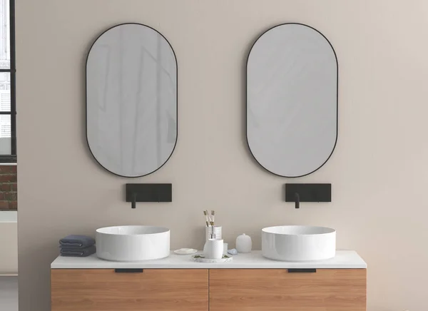 Moderní Koupelna Umyvadlo Zrcadlo Dvěma Zrcadly Vykreslování — Stock fotografie