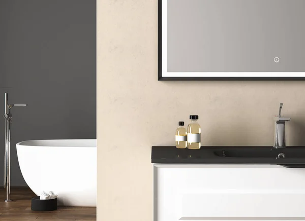 白色浴室内部 灰色墙壁上有黑色浴缸 — 图库照片
