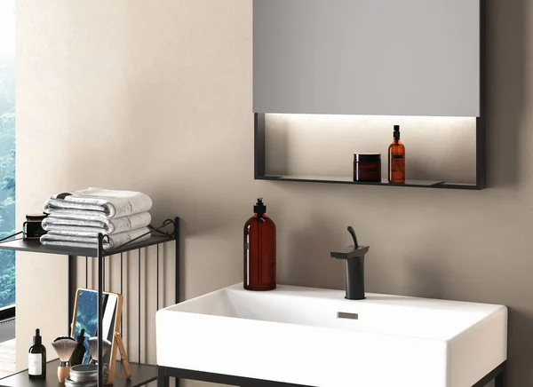 洗面器と鏡付きの浴室のインテリア — ストック写真