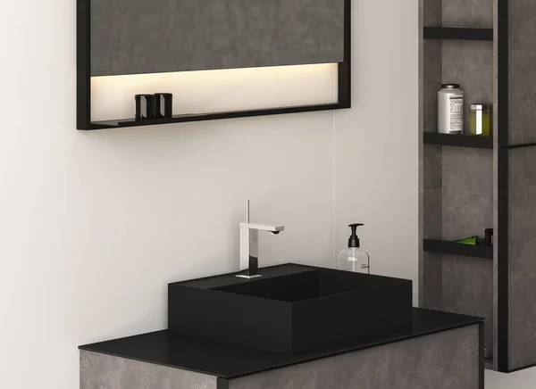 浴室内部 黑色墙壁和带有木制水池的镜子 灰色墙壁 3天渲染 — 图库照片