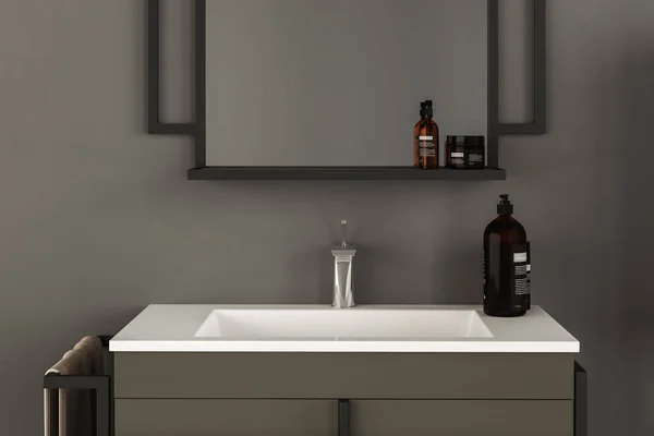 带有镜子和水槽的时髦浴室内部 — 图库照片
