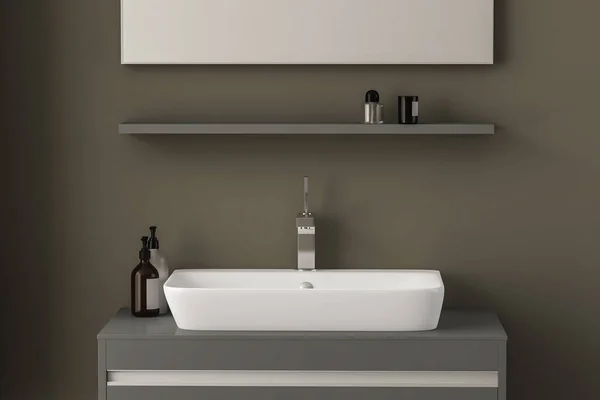 Bílá Koupelna Interiér Umyvadlem Zrcadlem Vzchop Vykreslování — Stock fotografie