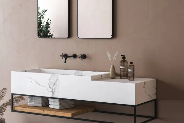 带有白色墙壁 木制地板 大理石水池 木制镜子 木制地板和白色大理石墙壁的现代化浴室内部 3D渲染 — 图库照片