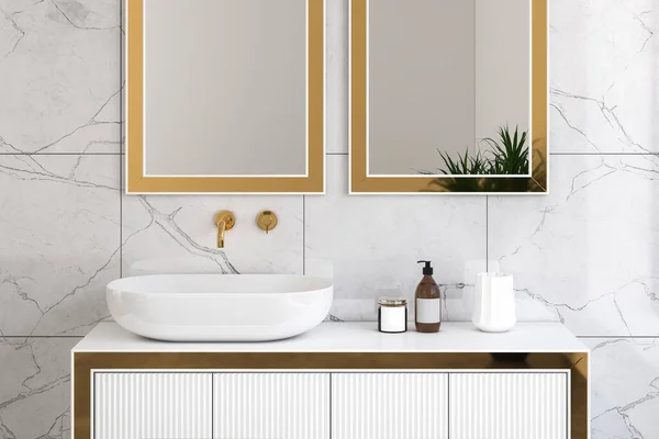 Cuarto Baño Con Espejo Lavabo Espejo Representación Maqueta —  Fotos de Stock