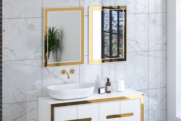 Lavabosu Aynası Mermer Duvarda Boyutlu Modern Banyo — Stok fotoğraf