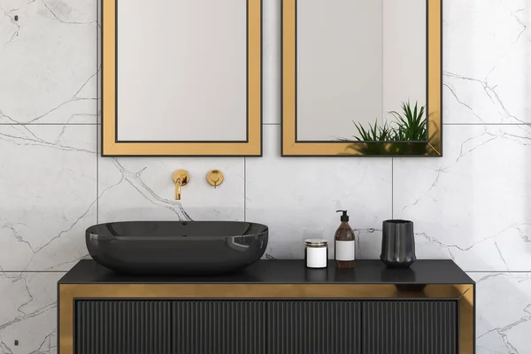 带有水池 镜子和水池的现代化浴室的内部 3D渲染 — 图库照片