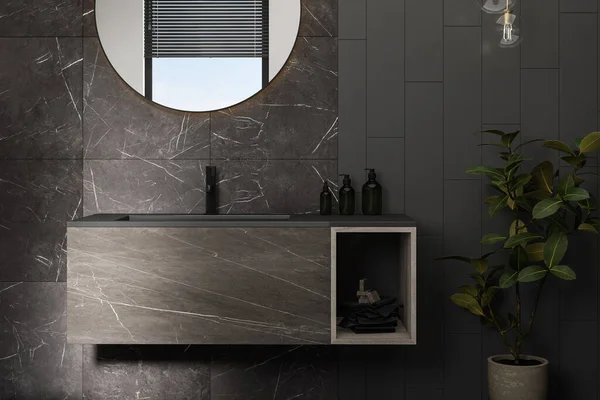 Modern Interieur Met Zwarte Wastafel Witte Grijze Keramische Tegels — Stockfoto