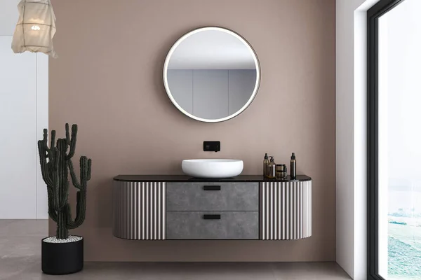 Moderní Koupelna Interiér Umyvadlo Zrcadlo Dřevěná Podlaha Bílou Stěnou Dřevěná — Stock fotografie