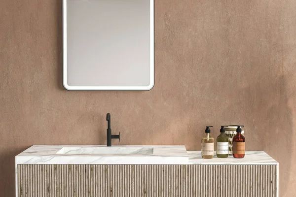 Interior Banheiro Moderno Com Paredes Brancas Pia Chuveiro Piso Madeira — Fotografia de Stock