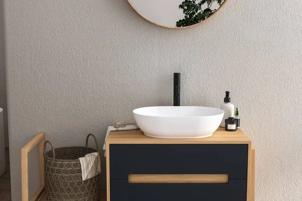 浴室室内设计带有木制水槽 毛巾和植物灰墙上 3D渲染 — 图库照片