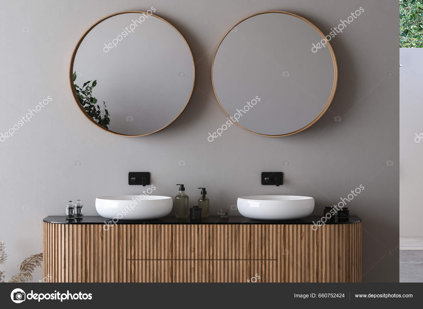 Close Double Sink Oval Mirrors Standing White Wall Wooden Cabinet — Stock  Photo © LeymanDesign #660752424, image size:1600x1167